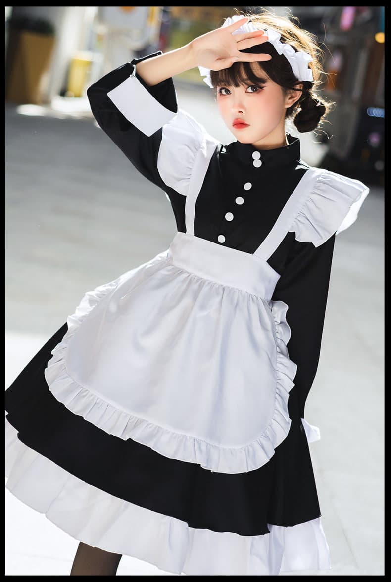 女装 長袖クラシックメイド服フリル付きエプロンセット