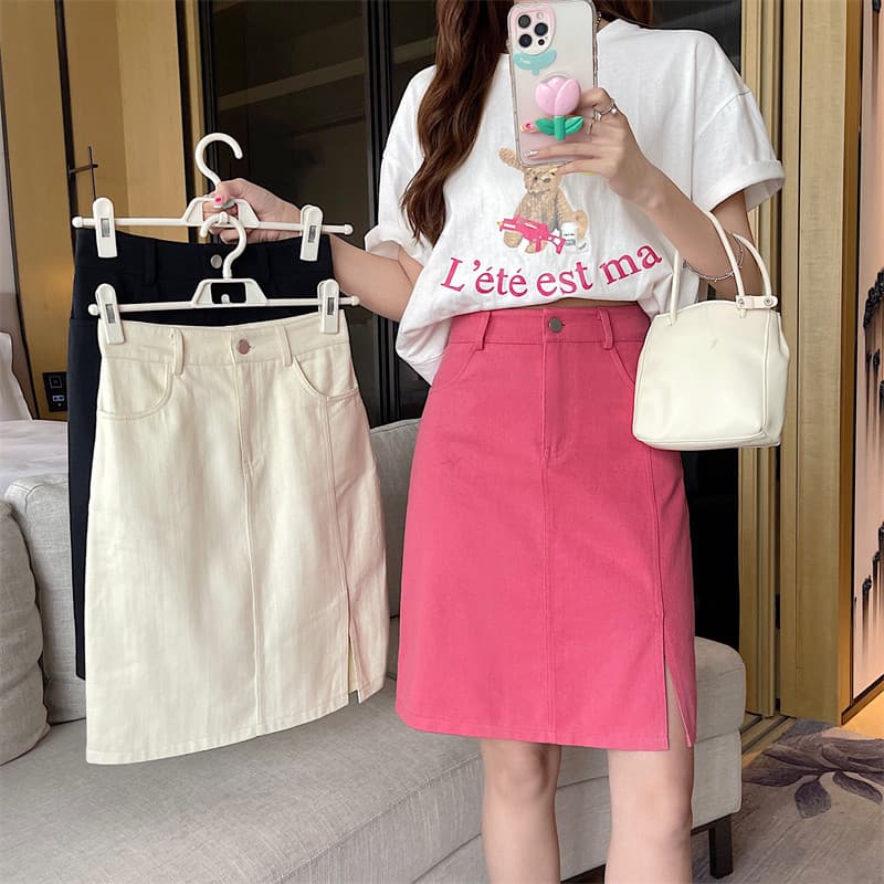女装 サイドスリット入りデニム風台形スカート