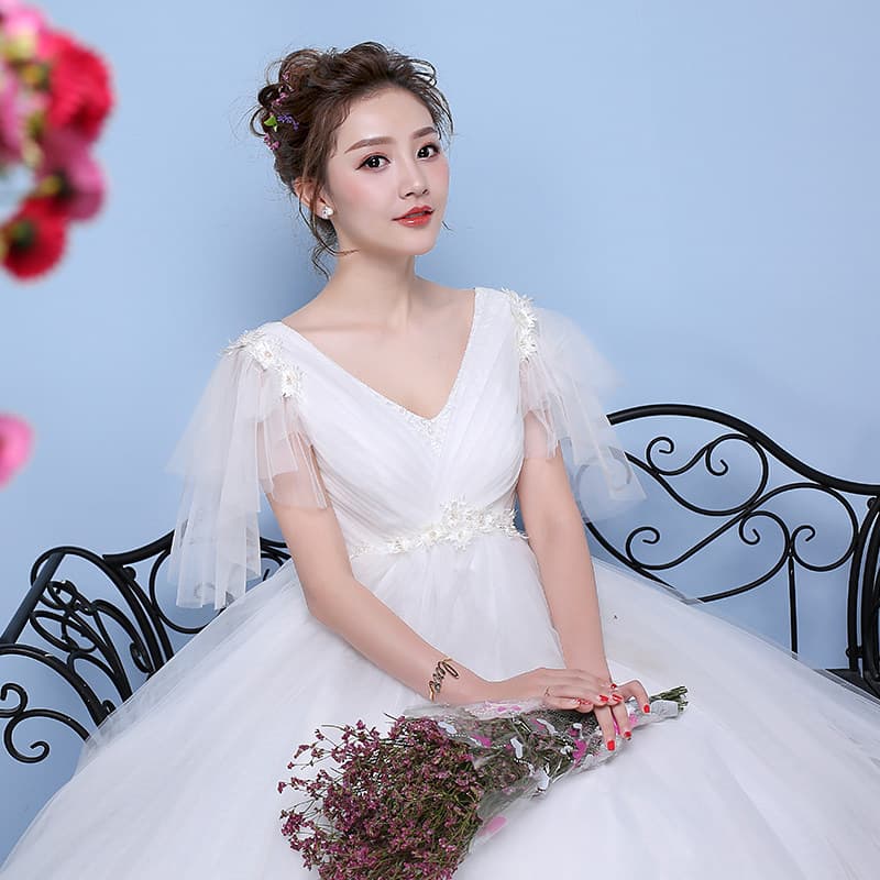 女装 花飾り付きチュール袖Vネックプリンセスドレス