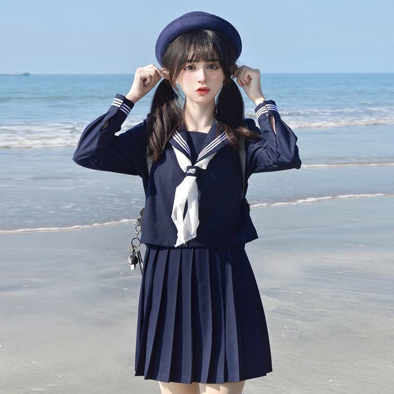 女装 清楚系長袖セーラー服上下セット
