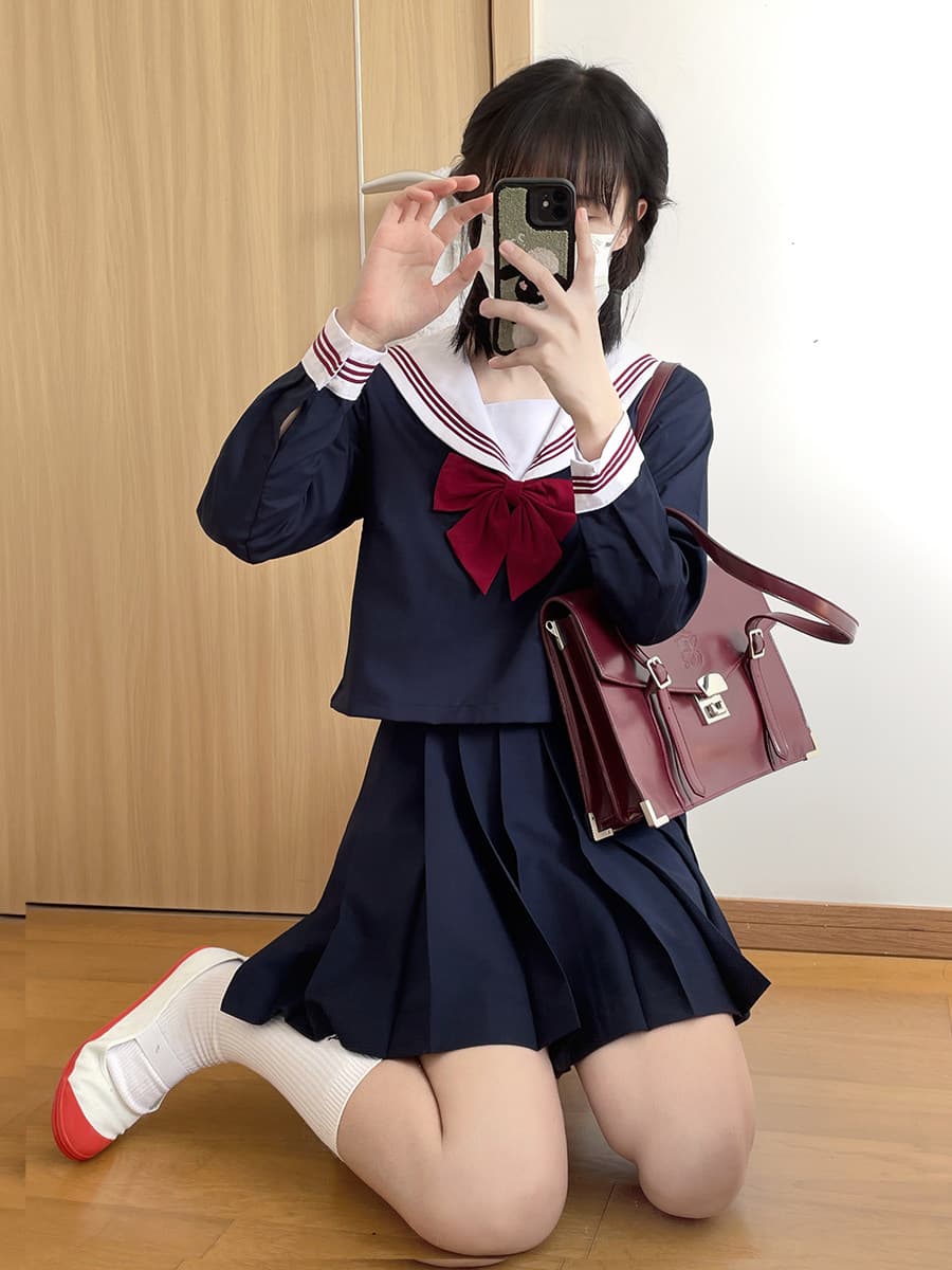女装 正統派三本線襟リボン付きセーラー服上下セット
