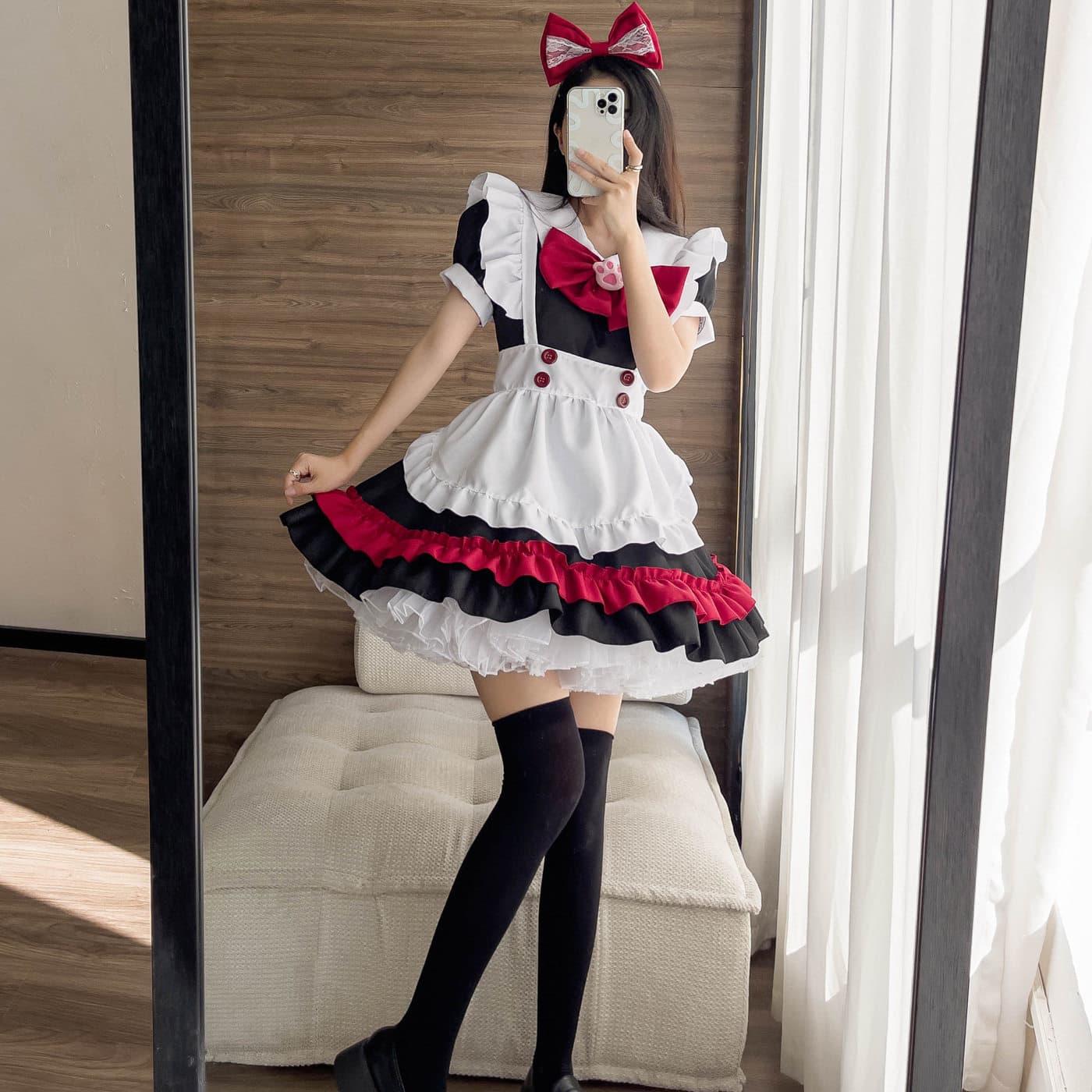 女装 豪華多段フリル付き女装メイド衣装セット