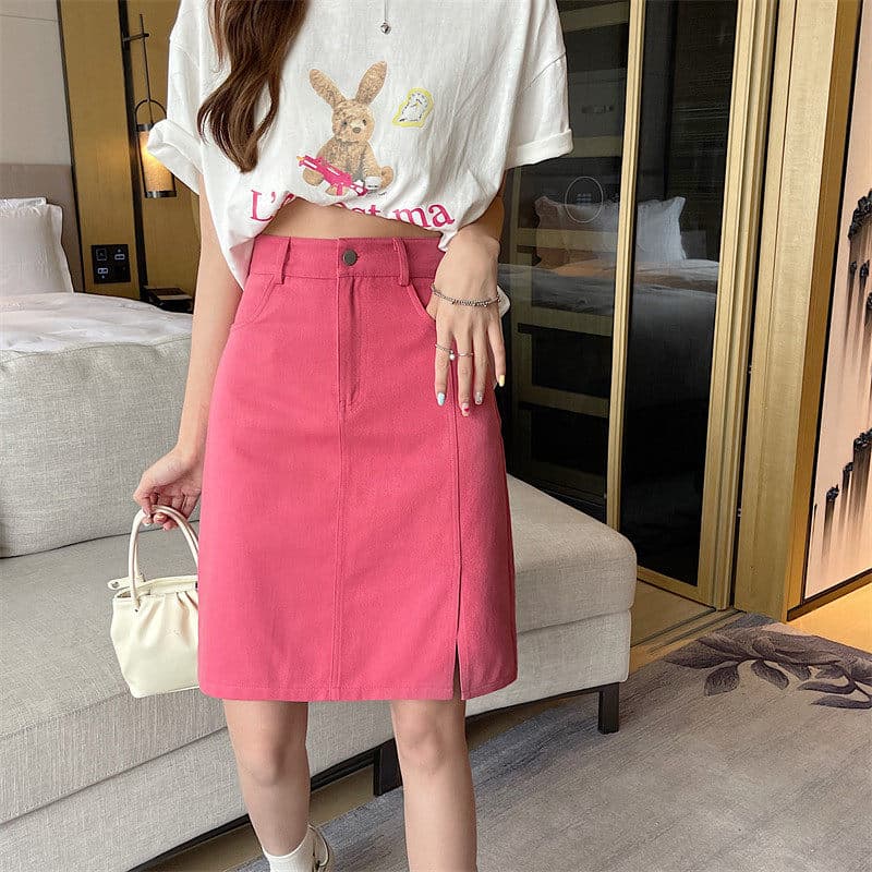 女装 サイドスリット入りデニム風台形スカート