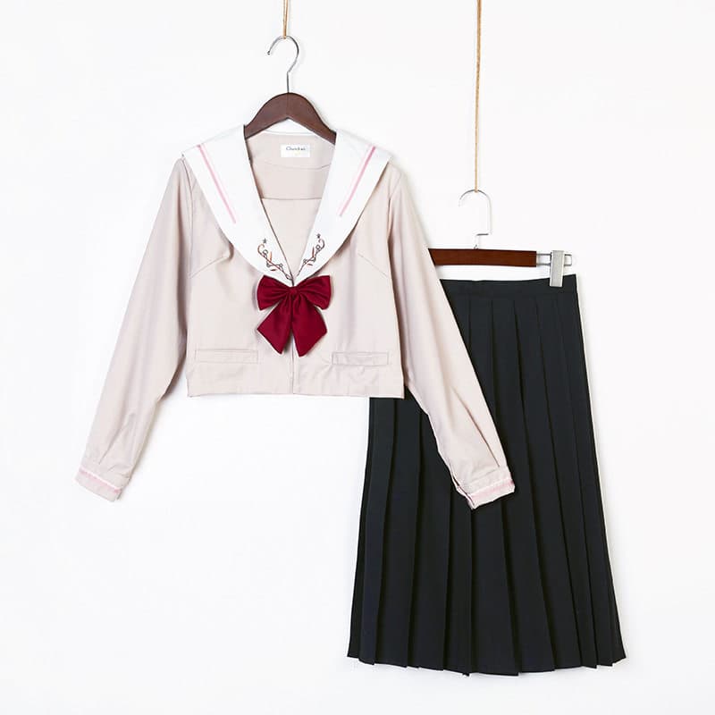 女装 清楚系刺繍入り襟リボン付きセーラー服上下セット