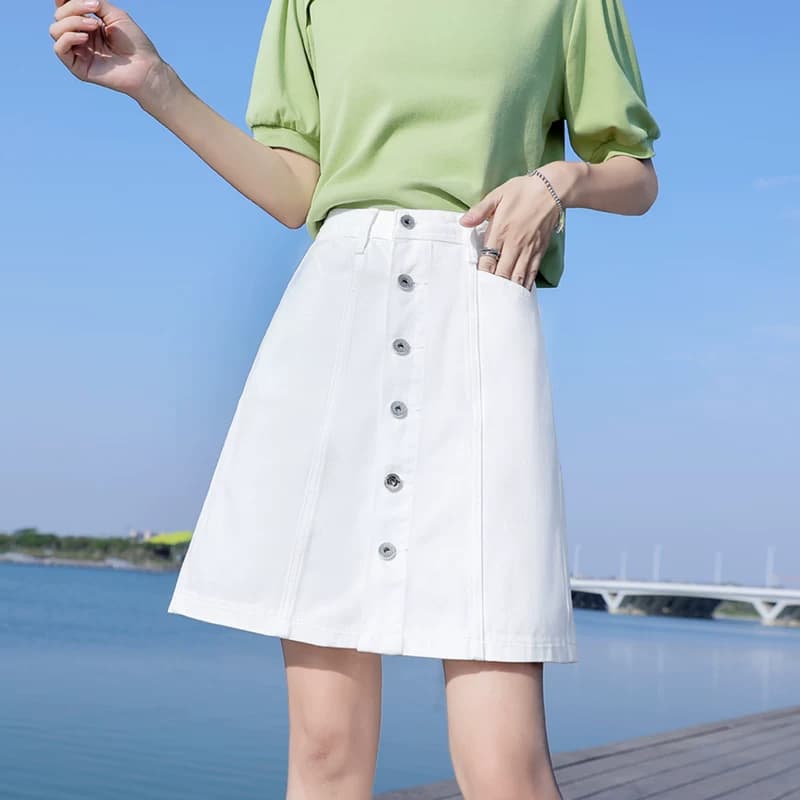 女装 フロントボタンデニム台形ミニスカート