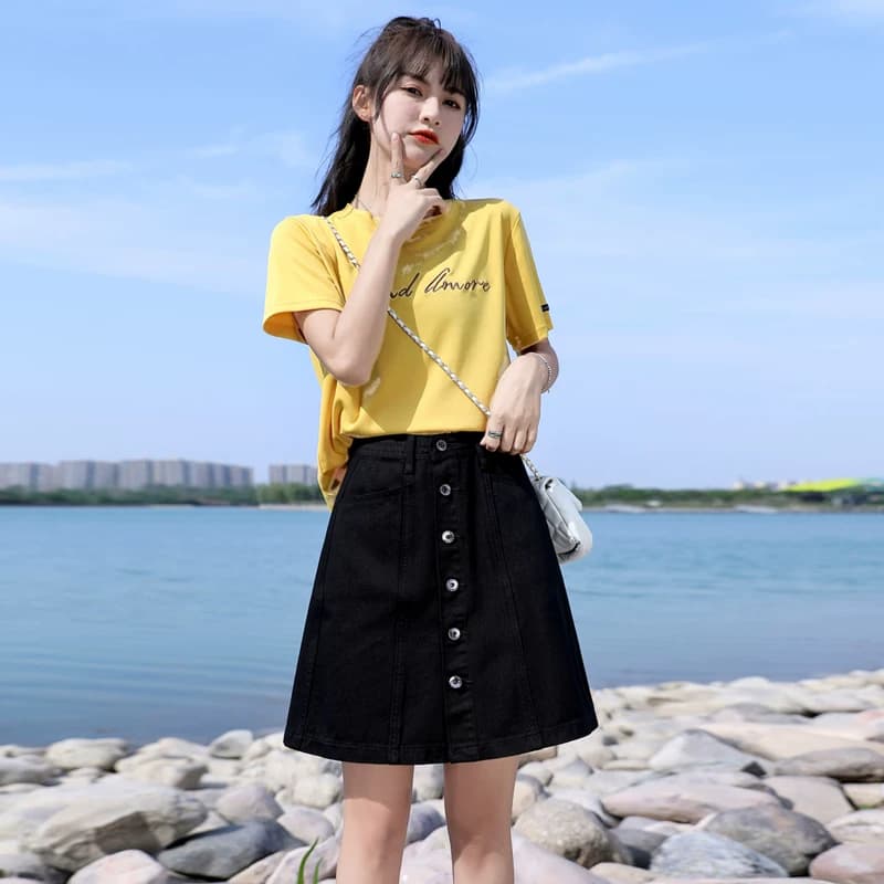 女装 フロントボタンデニム台形ミニスカート