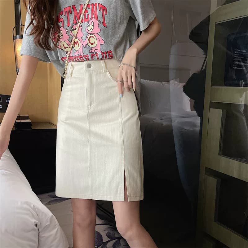 女装 サイドスリット入りデニム風台形スカート